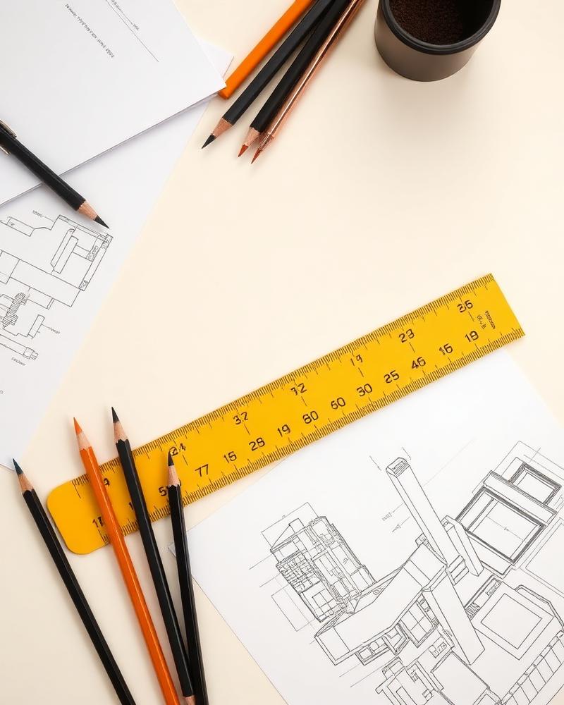 Designskitser, blyanter og en gul lineal på et kreativt skrivebord